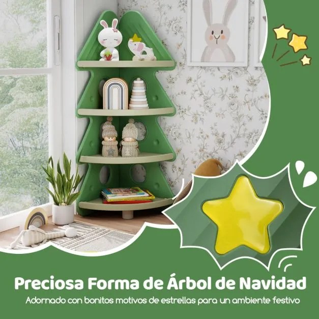 Estante de canto infantil 44 x 44 x 123,5 cm em forma de árvore de Natal de 4 níveis Verde