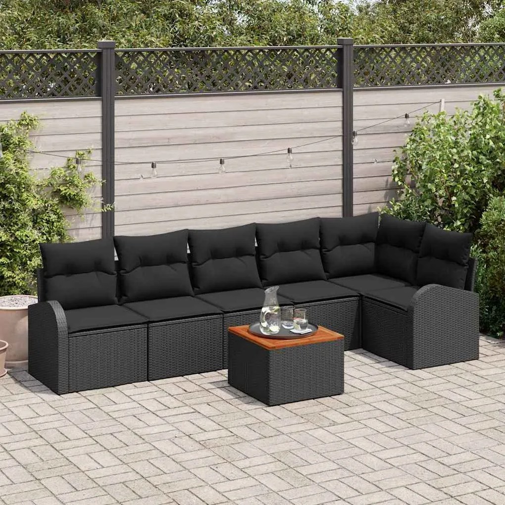 vidaXL Conjunto de Sofá de Jardim de 7 Peças com Almofadas Preto Rattan Sintético e Acácia