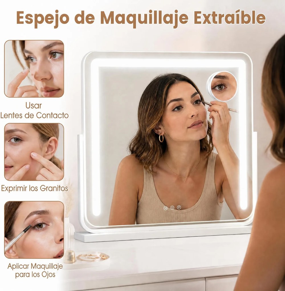 Espelho de Maquilhagem Giratório, 60 x 10 x 52 cm, Iluminação LED Ajustável, Branco