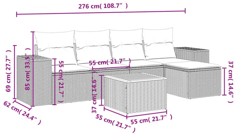 6 pcs conjunto de sofás p/ jardim com almofadões vime PE bege