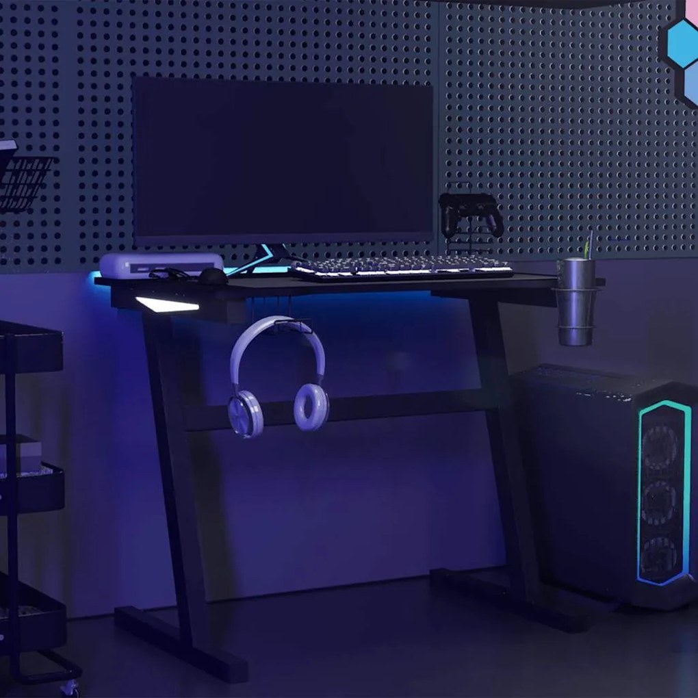 Secretária de gaming c/ luzes LED forma de Z 90x60x75 cm preto