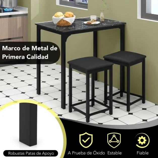 Conjunto de mesa de bar de 3 peças com 1 mesa e 2 bancos de bar estofados com apoio para os pés para sala de jantar, cozinha ou sala de estar, na cor