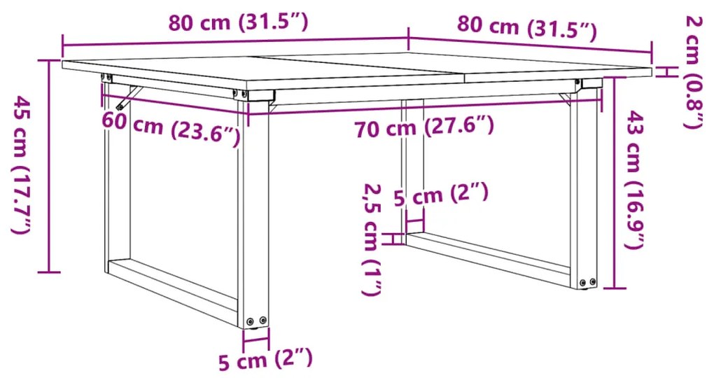 Mesa de centro estrutura em O 80x80x45 cm pinho e aço