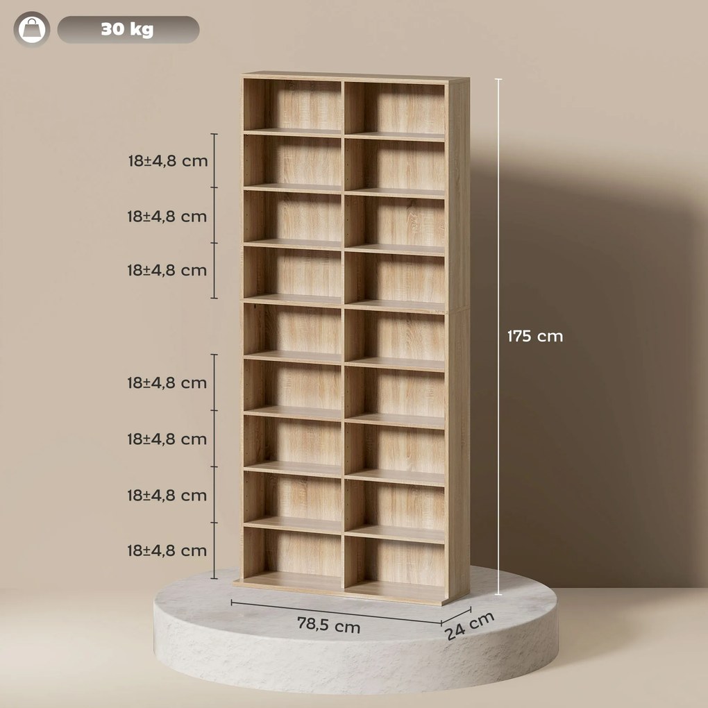 Organizador para CD e DVD com 18 compartimentos, capacidade máxima de 640 CD/360 DVD/430 Blu-ray, 78,5 x 24 x 175 cm, madeira natural