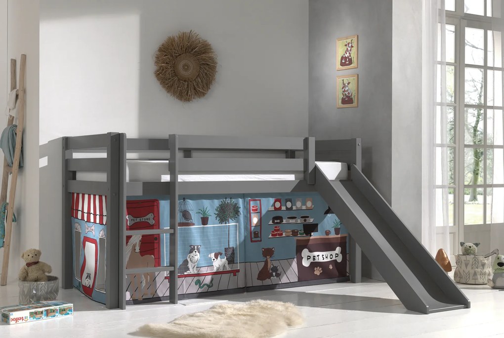 Cama alta de Criança PINO 90 x 200 cm + estrado + escada + escorrega + cortina Animais Cinzenta