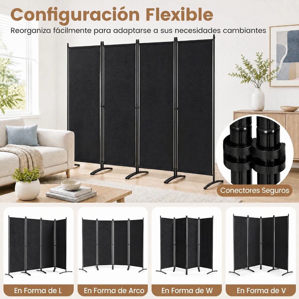 Biombo de 4 Painéis Dobrável, 224 x 52 x 173 cm, Estrutura Metálica, Preto