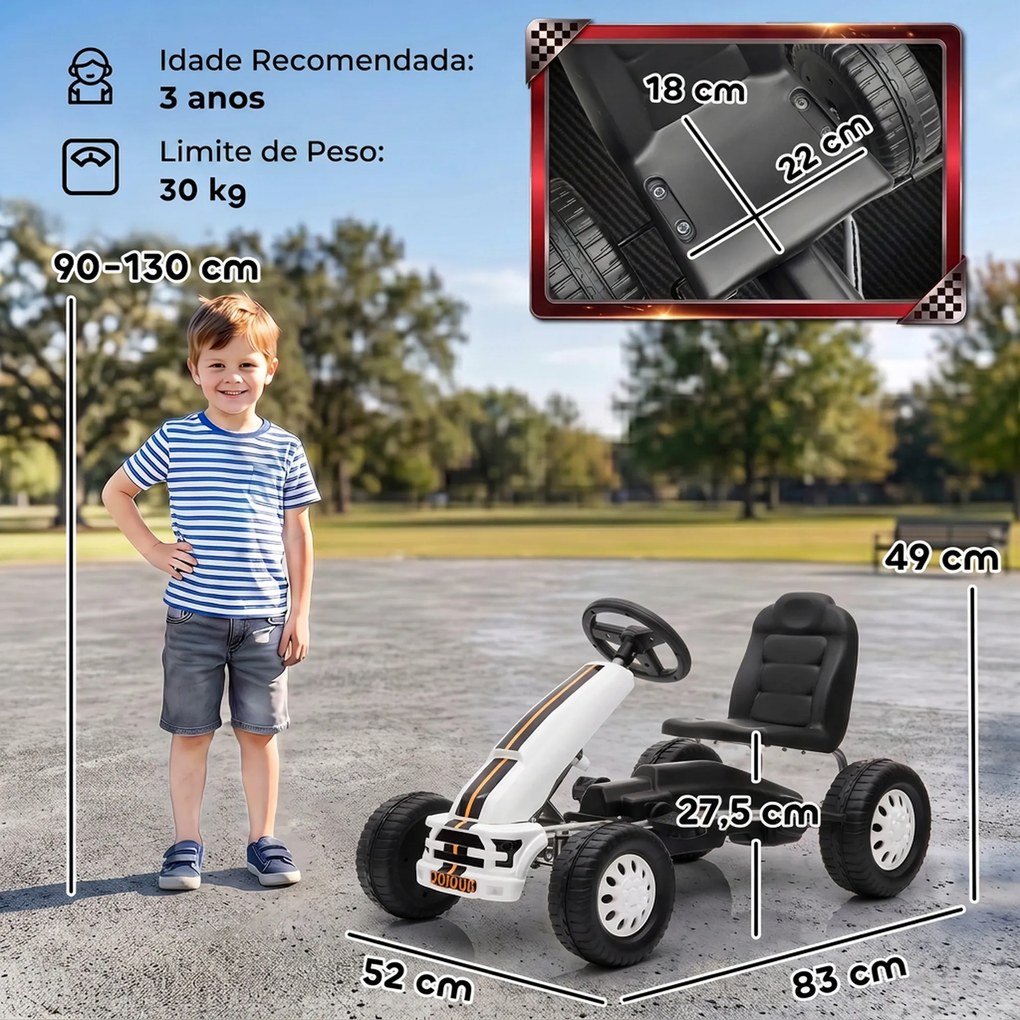 Kart a Pedais para Crianças +3 Anos com Assento Ajustável, Volante, Travão de Mão, Estrutura em Alumínio e Aço, 30 kg, Branco