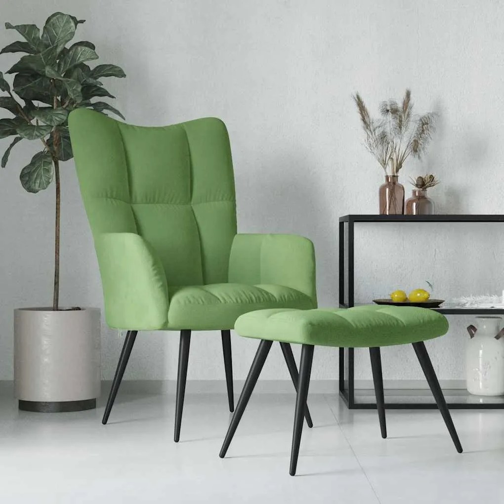 vidaXL Cadeira de descanso com banco veludo verde-claro