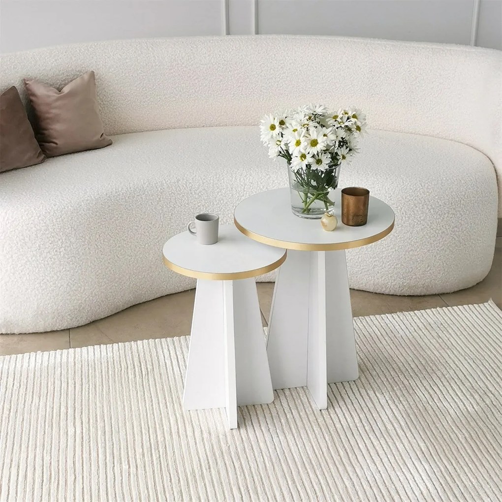 Conjunto de Mesas de Café Mushroom - Dourado e Branco - 40x50x40 cm e