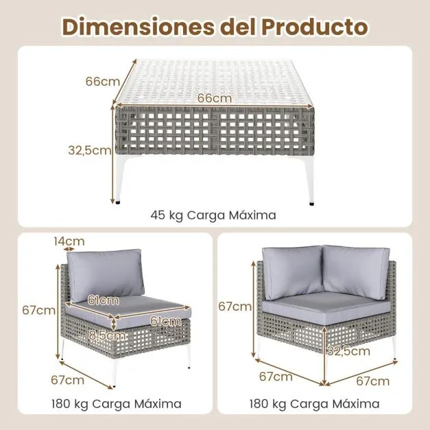 Conjunto de jardim de 5 peças em rattan com mesa de centro em vidro temperado Almofadas para assento e encosto cinza