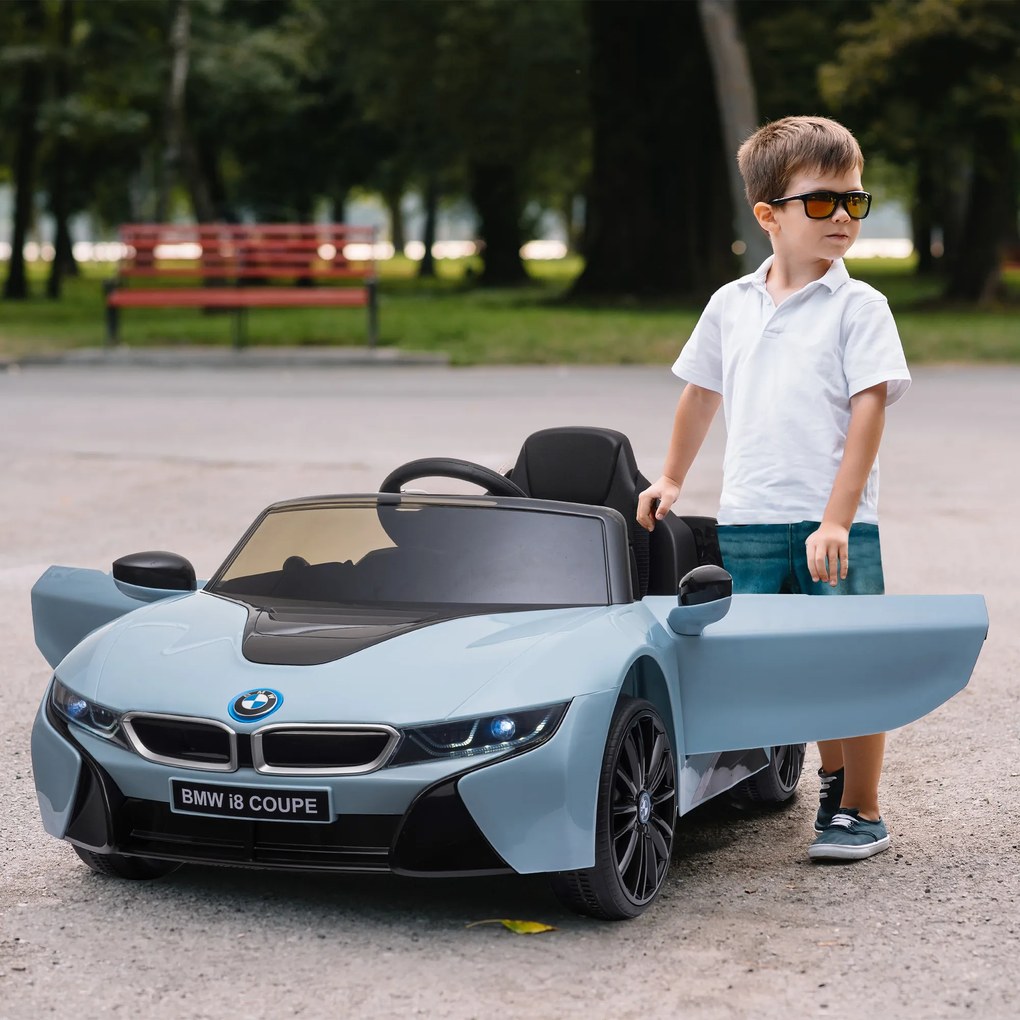 HOMCOM Carro elétrico BMW I8 COUPE com licença para crianças de +3 anos Bateria 6V Controle Remoto e Manual com Buzina Música MP3 e Faróis 115x72,5x46 cm Azul