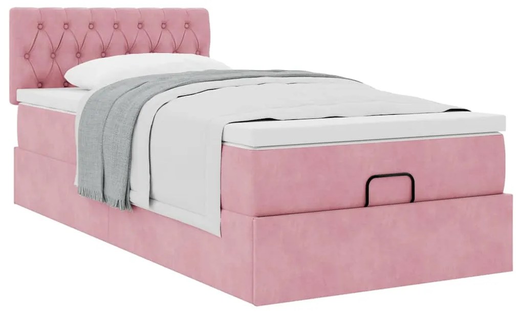 Estrutura de cama otomana com colchão rosa 90x200cm veludo