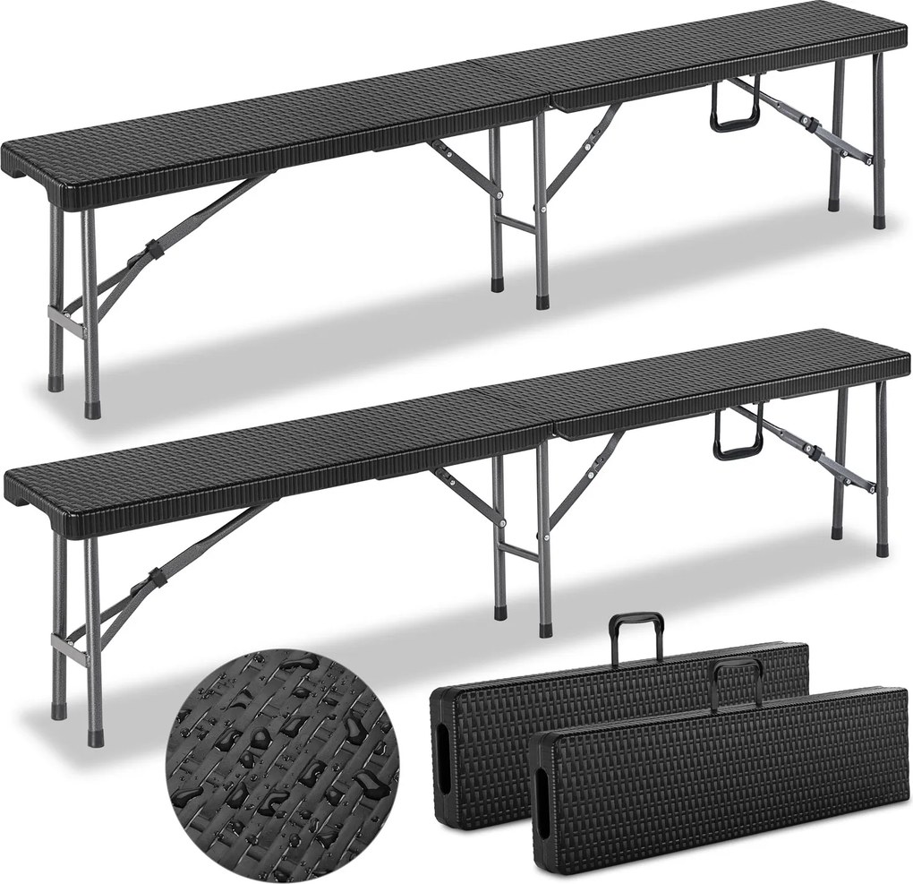 Conjunto de 2 bancos dobraveis, jardim, campismo de Polyrattan Malmo 180cm pretos