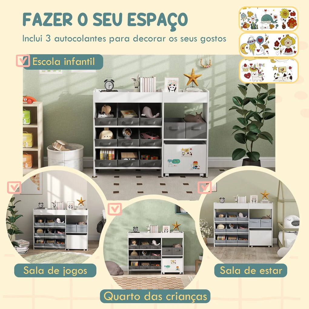 Organizador de Brinquedos para Crianças com 11 Cestas Amovíveis Compartimentos e Autocolantes 105x30x80 cm Branco e Cinza