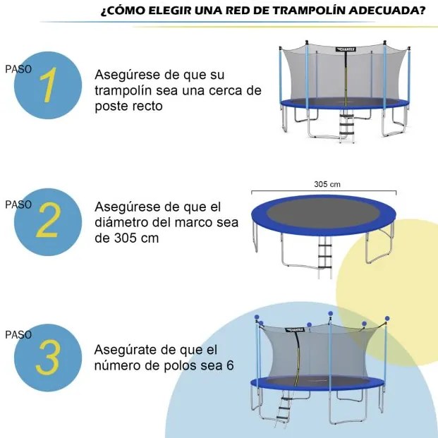 Rede de segurança de substituição para trampolim 305 cm Parede de malha para trampolim redondo com 6 postes 7 correias Preto