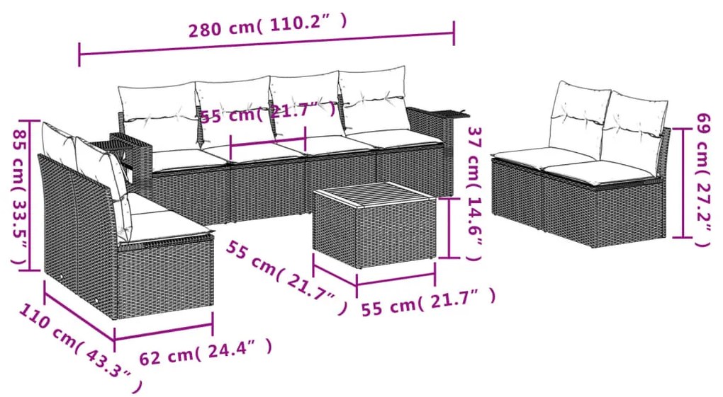 9 pcs conjunto de sofás p/ jardim com almofadões vime PE bege