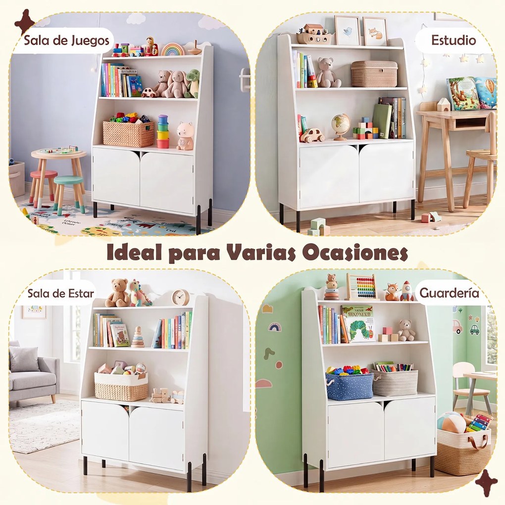 Estante de Arrumação Infantil, 80 x 30 x 121 cm, 3 Estantes Abertas e 2 Portas, Branco