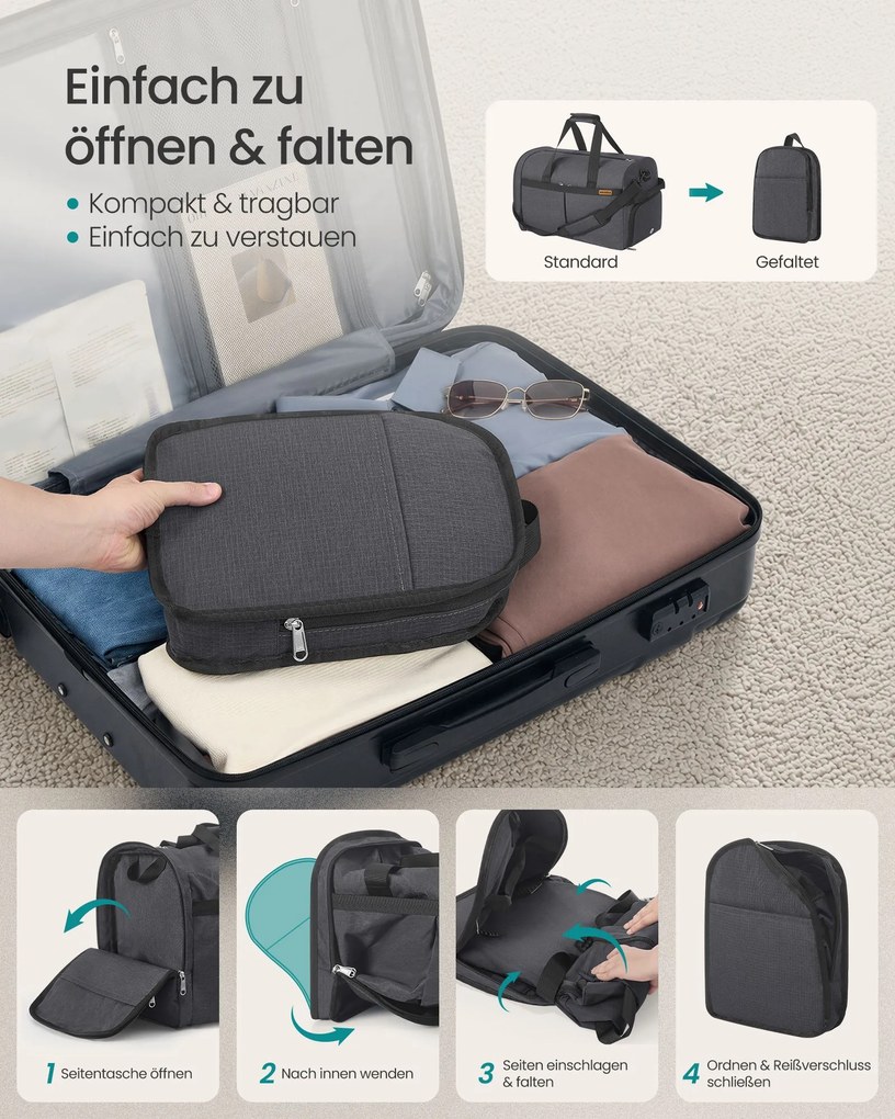 Saco de desporto dobrável 50 L com bolsos para sapatos e para roupa molhada cinzento