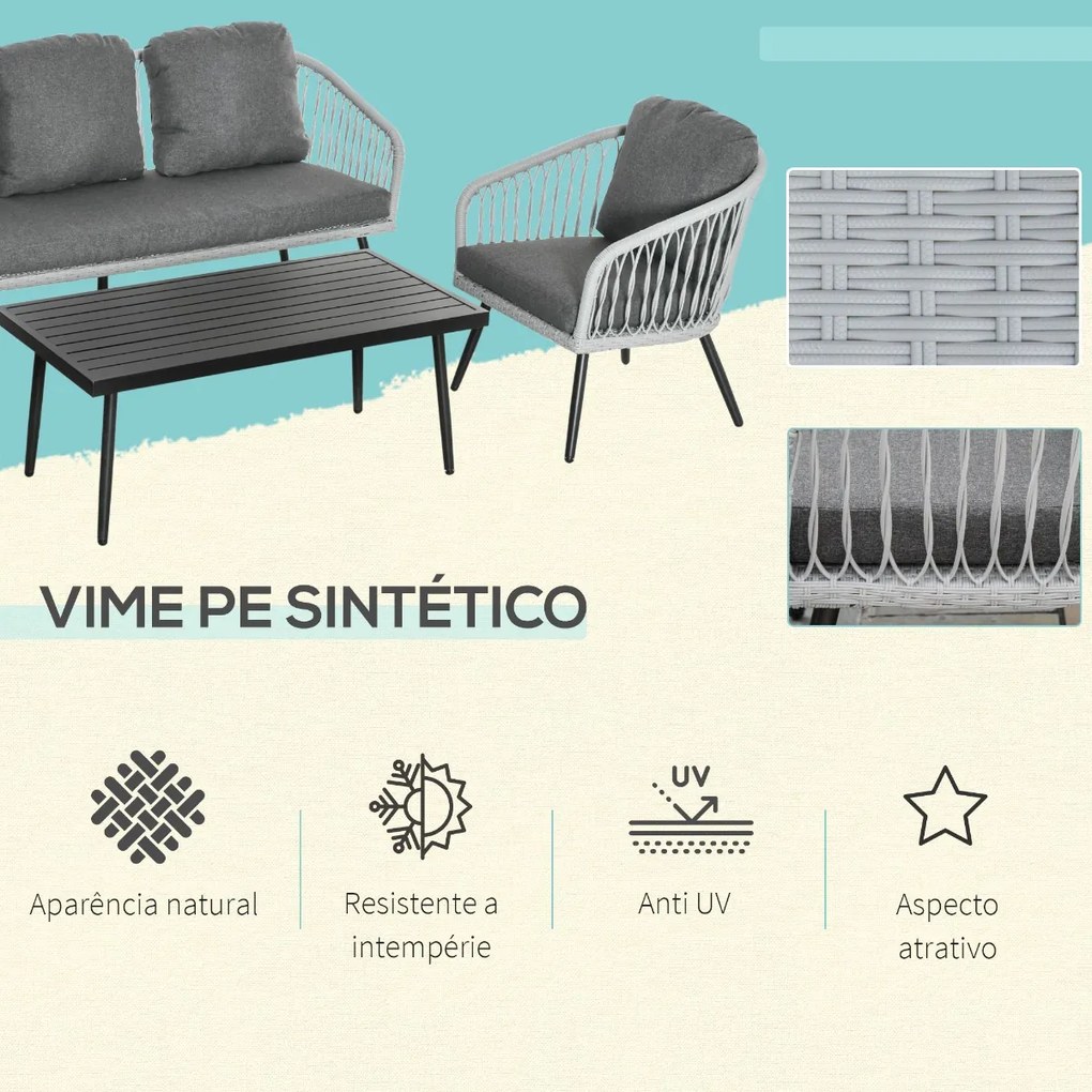 Conjunto de Móveis de Vime Conjunto de Móveis de Jardim 4 Peças Mesa de Centro de Alumínio Sofá 3 Lugares e 2 Poltronas com Almofadas para Terraço Ext