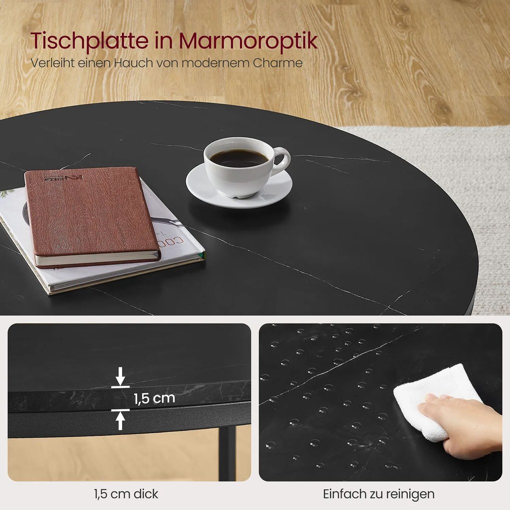 Mesa de sala com tampo em vidro 80 x 46 cm (Ø x A), estilo moderno, efeito mármore-Preto