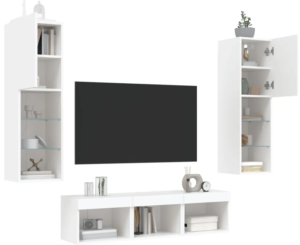 5pcs móveis de parede p/ TV c/ LEDs derivados de madeira branco