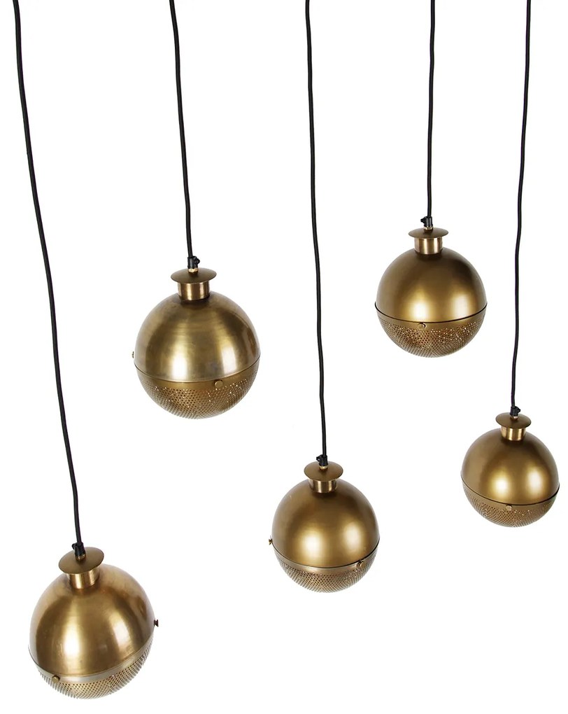 Candeeiro de suspensão industrial bronze com madeira 5 luzes - Haicha Industrial