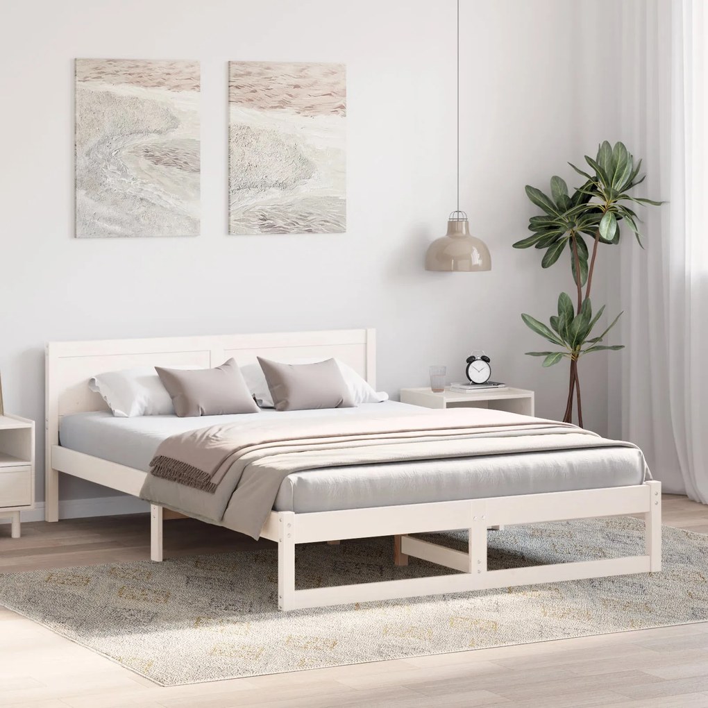 Estrutura de Cama Branca Madeira de Pinho Maciça 140 x 200 cm