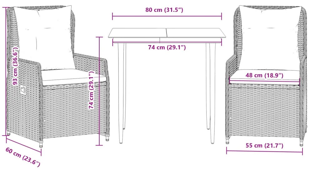3 pcs conjunto de jantar p/ jardim c/ almofadões vime PE preto