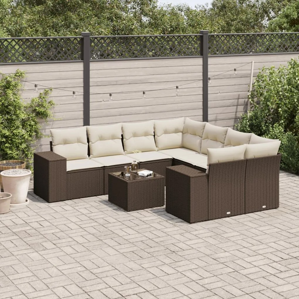 vidaXL 9 pcs conjunto sofás p/ jardim c/ almofadões vime PE castanho