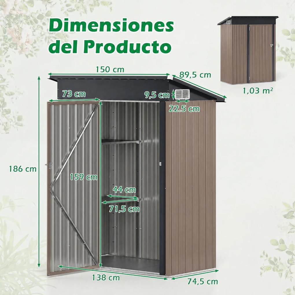 Abrigo para Ferramentas de Exterior, 150 x 89,5 x 186 cm, Prateleiras Ajustáveis, Cinzento