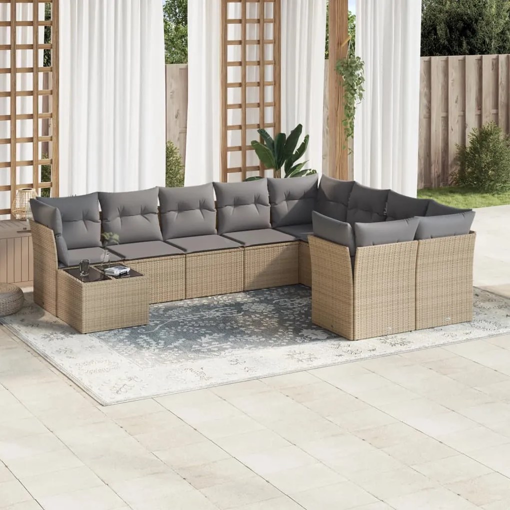 10 pcs conjunto de sofás p/ jardim com almofadões vime PE bege