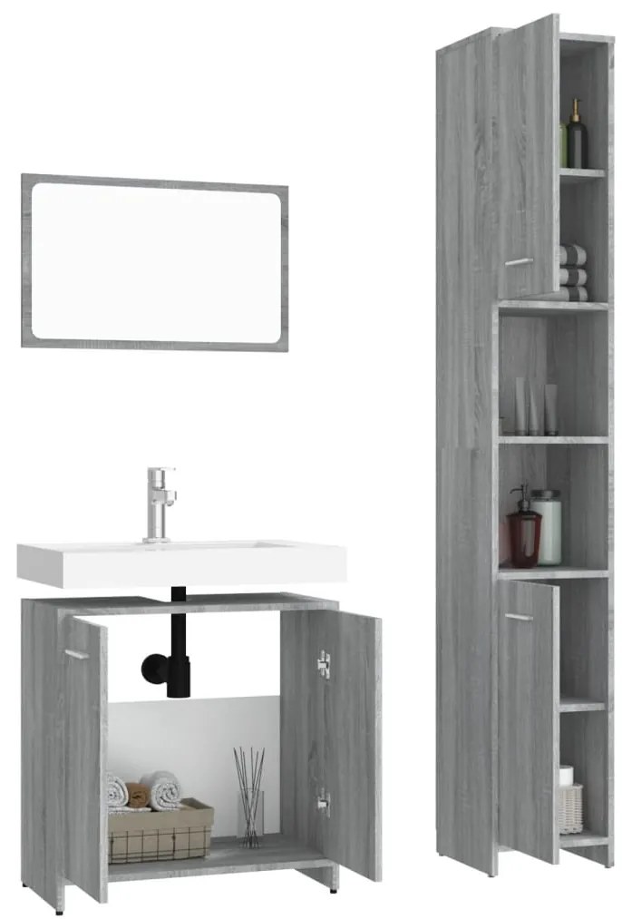 3 pcs Conjunto móveis casa de banho madeira proc. cinza sonoma