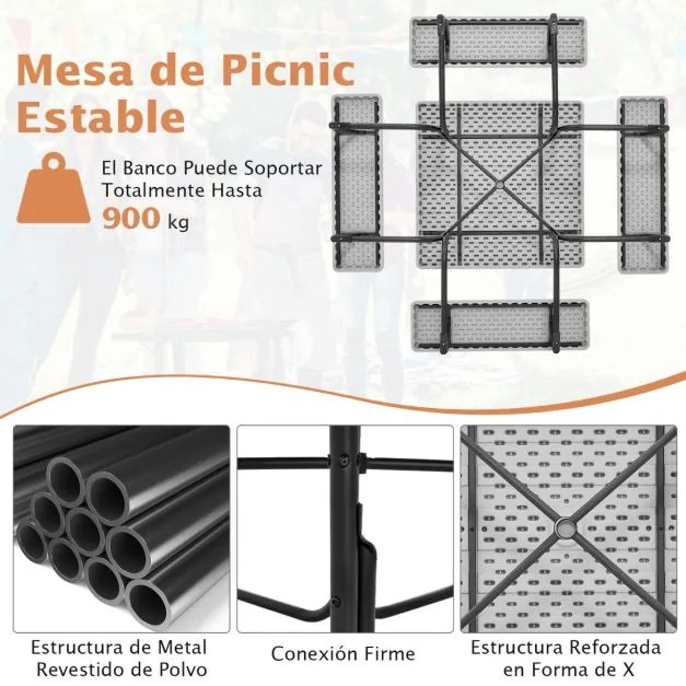 Conjunto de moveis jardim Mesa redonda e 4 bancos para 8 pessoas Carga 225 kg para jardim terraço campismo Branco