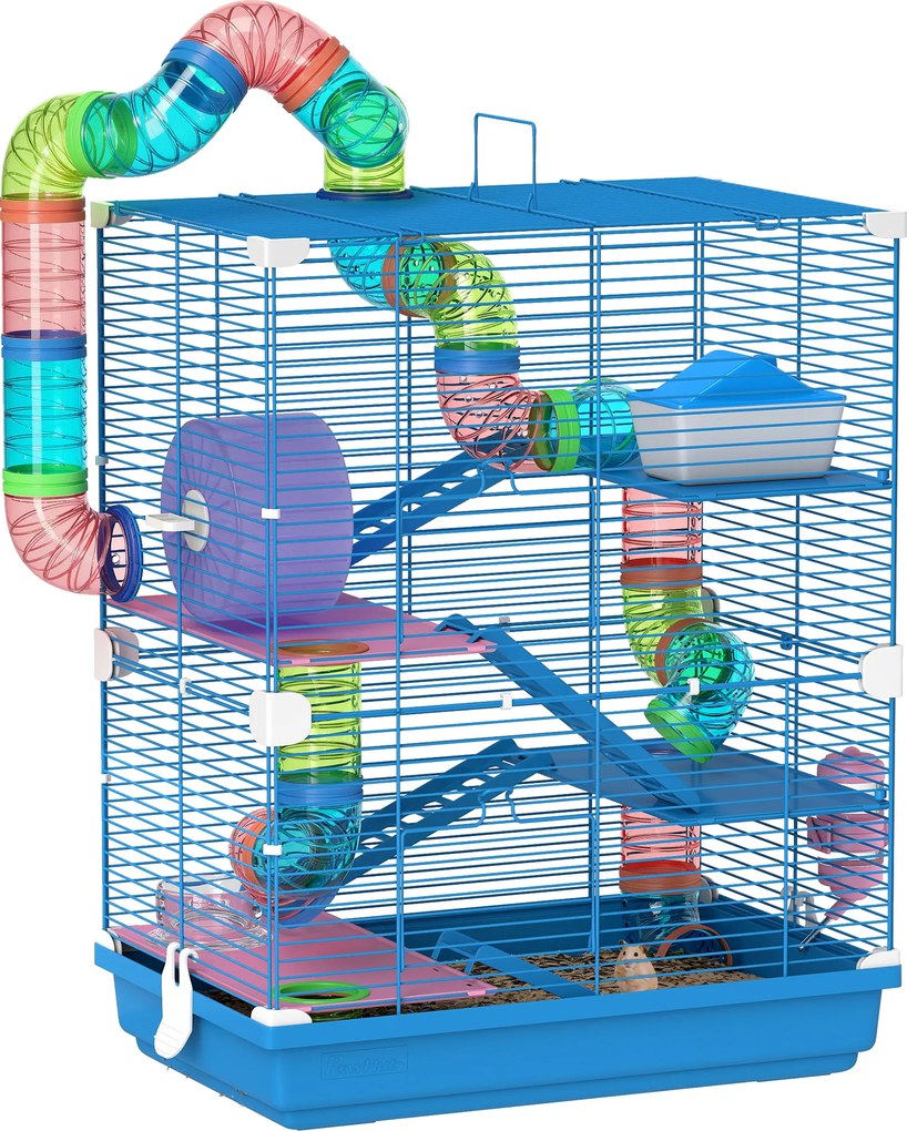 Gaiola para hamster de 4 andares com túneis, comedouro, roda, casinha e escadas – 46 x 30 x 58 cm – azul