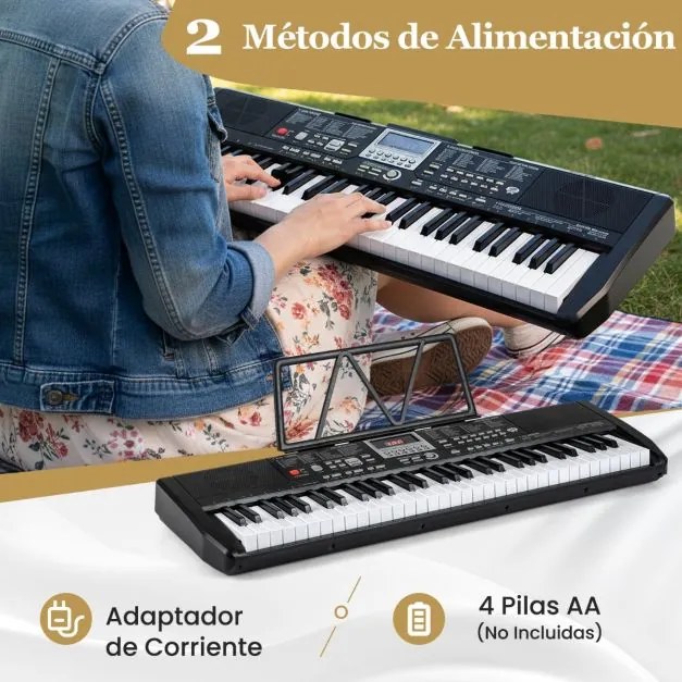 Teclado eletrónico de 61 teclas para principiantes com suporte e banco ajustáveis 200 ritmos e tons 70 demos para todas as idades Preto