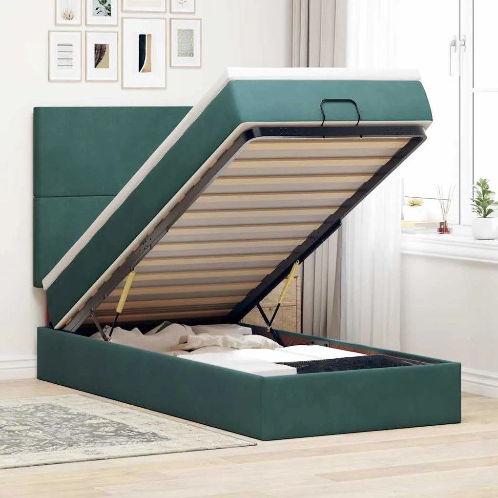 vidaXL Estrutura cama otomana colchões 90x190cm veludo verde escuro