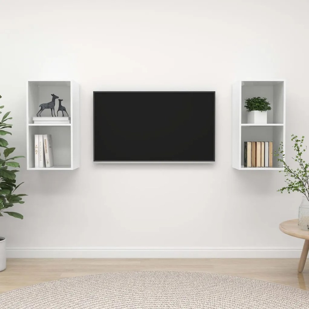 vidaXL Armários de parede TV 2 pcs derivados madeira branco brilhante