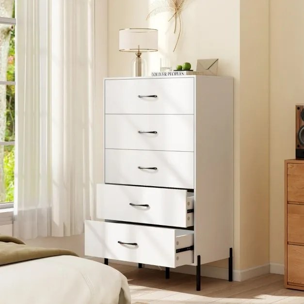Comoda alta com 5 gavetas 71 x 40 x 125 cm, pés e puxadores de metal com gavetas Branco