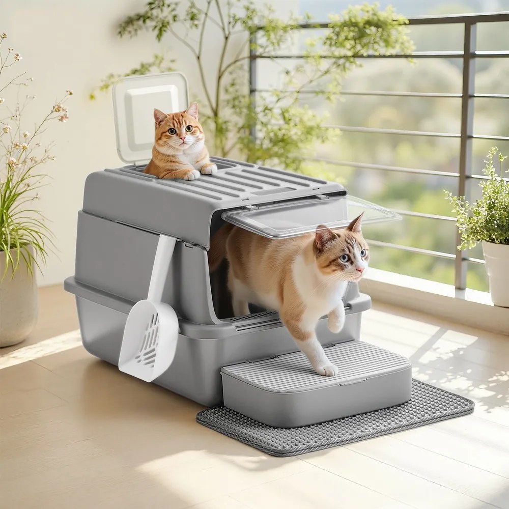 Caixa de areia para gatos em aço inoxidável 60 x 40 x 38 cm, com tampa e pá Cinzento