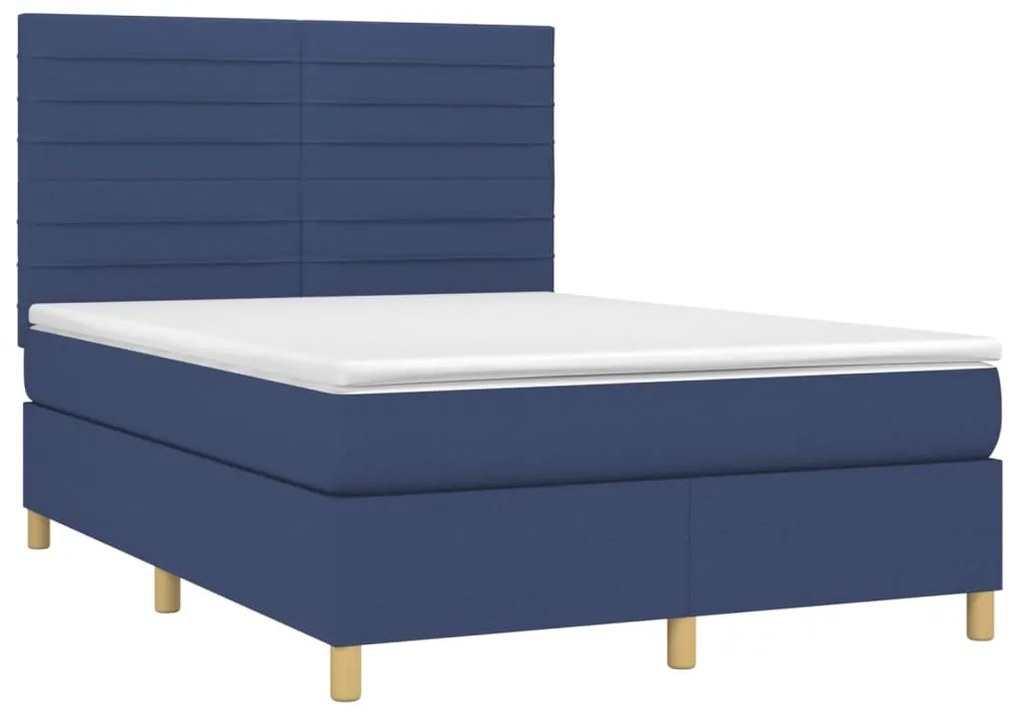 Cama box spring c/ colchão e LED 140x200 cm tecido azul