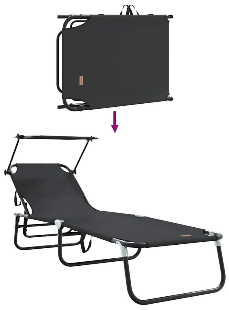 Espreguiçadeiras Dobráveis 2 pcs com Toldo Preto Tecido Oxford 600D