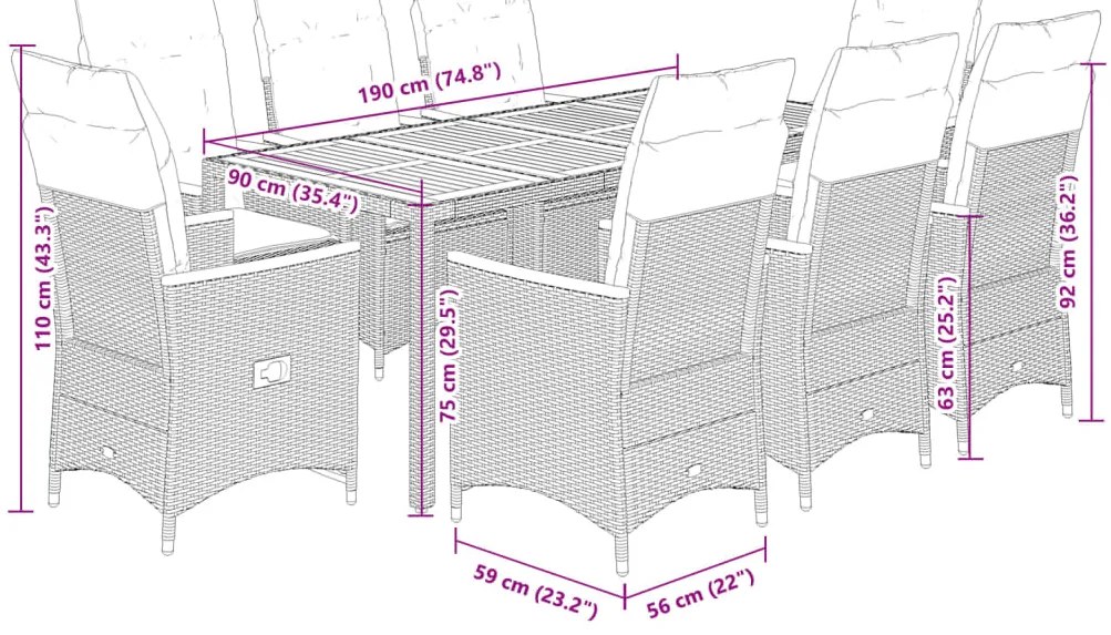 9 pcs conjunto de jantar p/ jardim c/ almofadões vime PE cinza