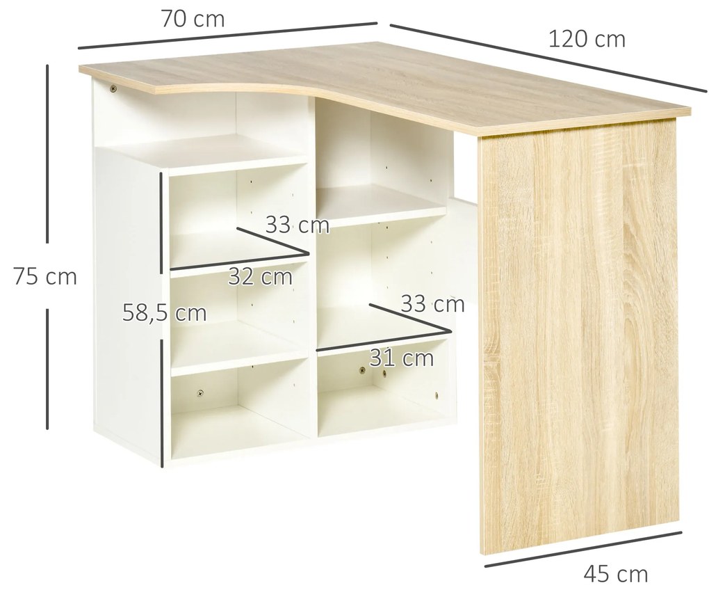Secretária de Canto Secretária em Forma de L com Prateleiras Ajustáveis para Escritório Casa Estúdio 120x70x75cm Branco e Carvalho