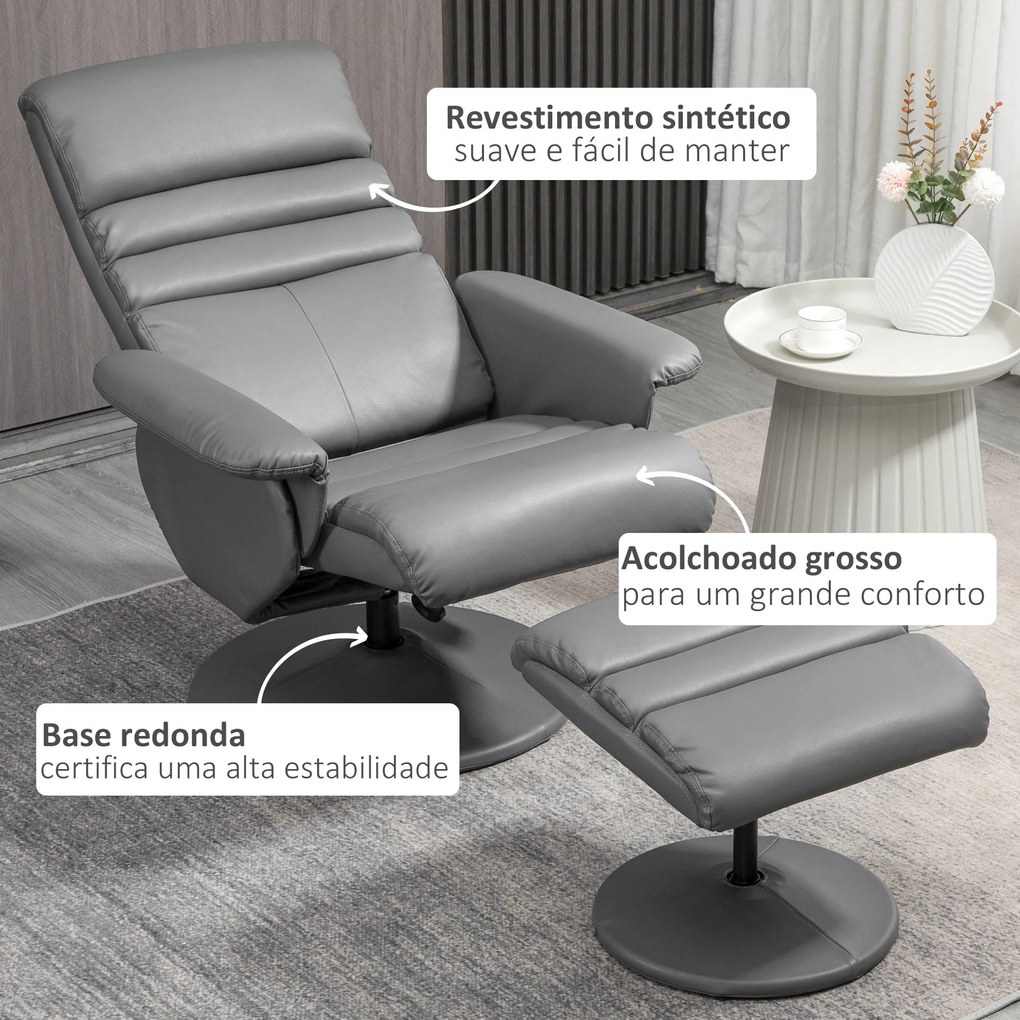 Poltrona Relax com Apoio para os Pés Estofada em PU Poltrona Relax Reclinável até 135° e Giratória 360° com Encosto Ajustável para Sala de Estar Dormi