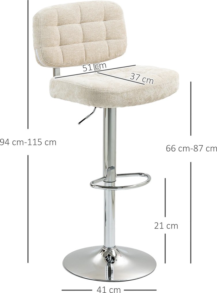 Conjunto de 2 bancos de bar com encosto, altura ajustável e apoio para os pés, estrutura em aço, capacidade de 120 kg, bege