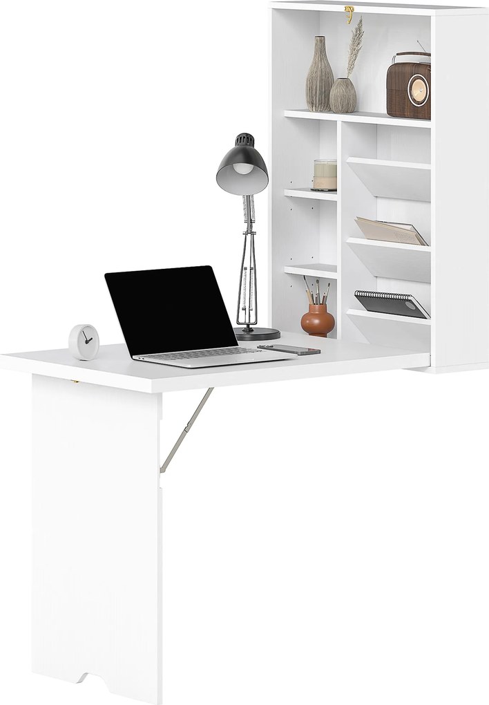 Secretária dobrável de parede, mesa dobrável de parede com prateleiras para sala de estar, sala de jantar, escritório, 93,8 x 60 x 147 cm, branco
