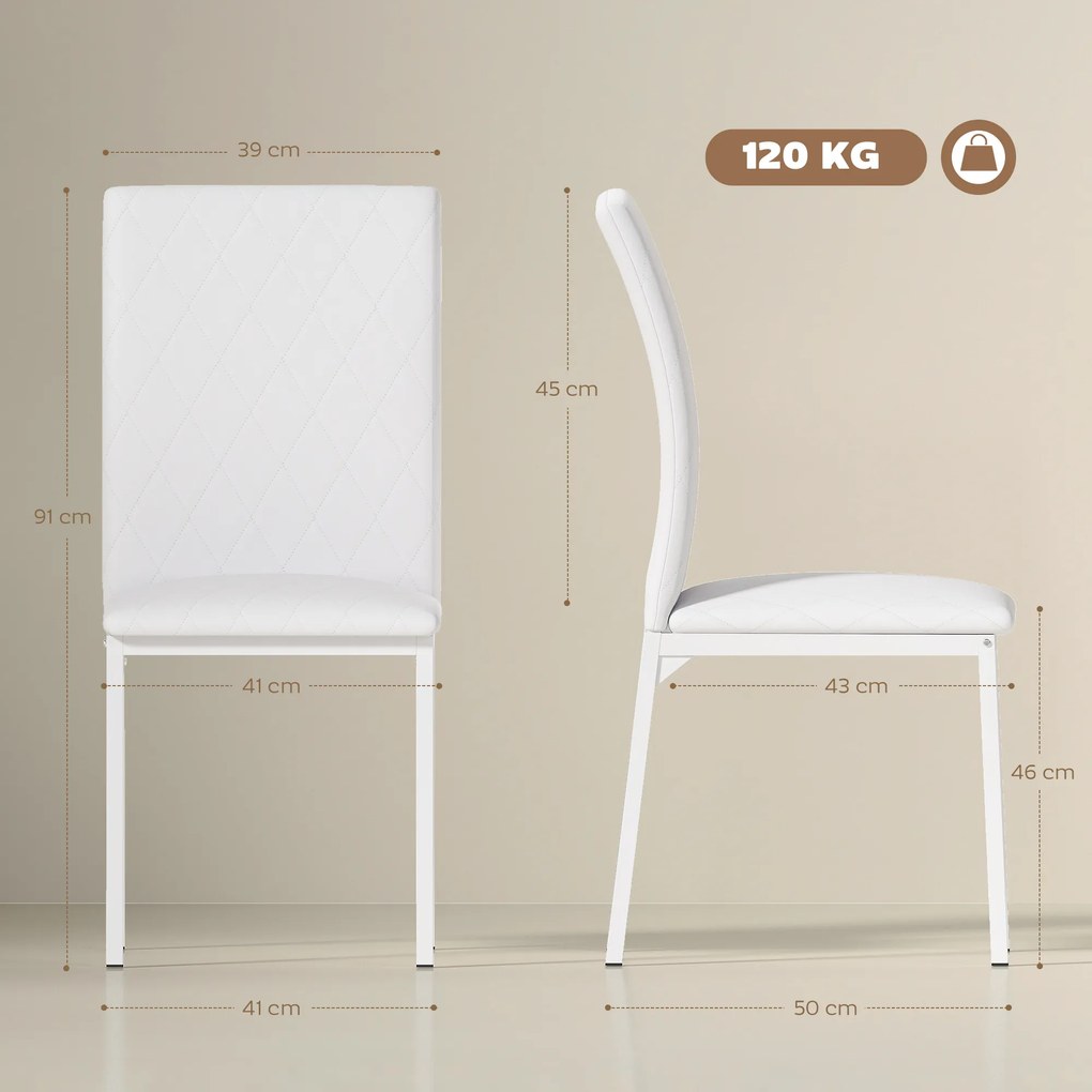 Conjunto de 4 cadeiras de sala de jantar e de cozinha (MESA NÃO INCLUIDA), com estofo em losango e pés de metal, 41 x 50 x 91 cm, brancas