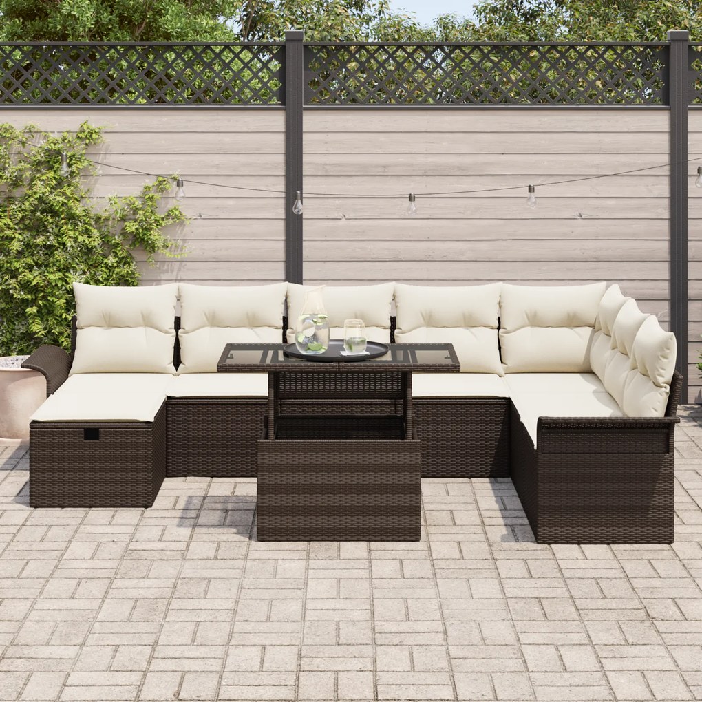 Conjunto de Sofá de Jardim 9 Peças com Almofadas Castanho Rattan Polié