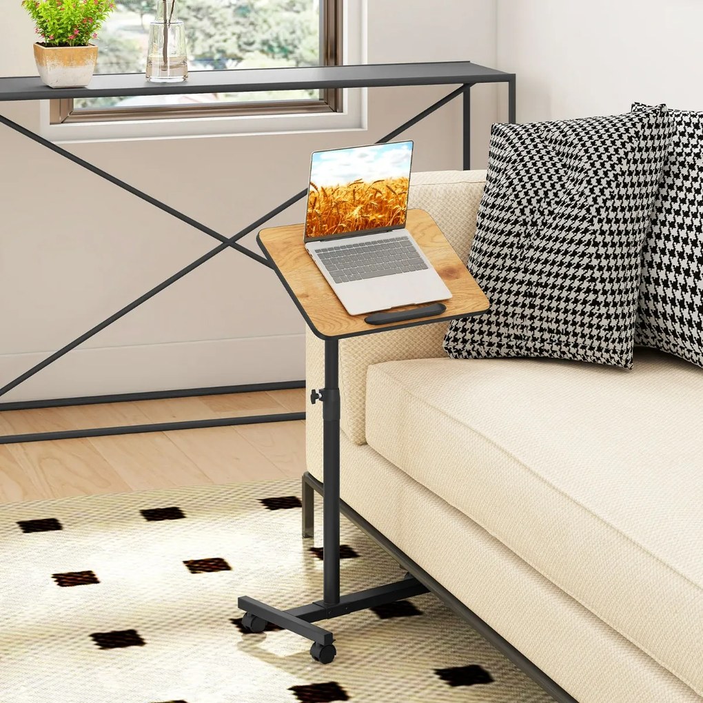 Mesa Auxiliar em Forma de C de Altura Ajustável com Tampo Inclinável Para Computador Giratória 360° para Espaços Pequenos Castanho