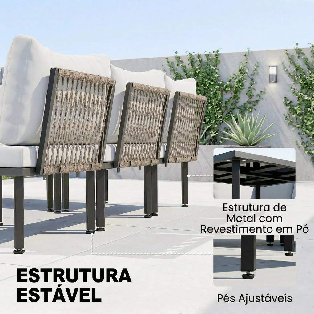 Conjunto de Jardim Exterior de 6 peças com Sofá de 2 Lugares Módulo de Canto 2 Assentos Apoio para Pés e Mesa de Vidro Cinza Claro